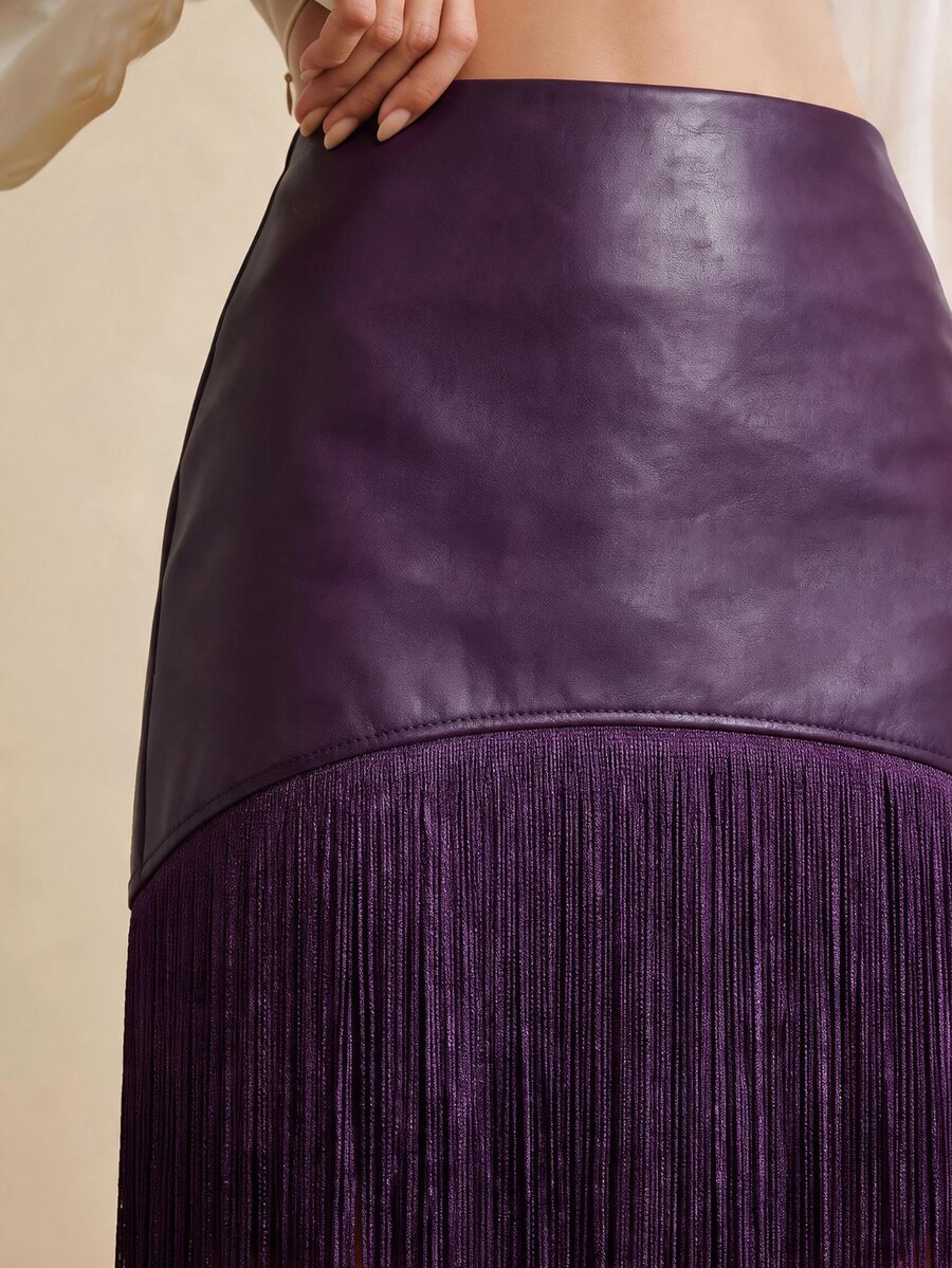 Anewsta Women's New PU Patchwork Tassel Fashion Flowy Versatile Skirt - Purple - View 1