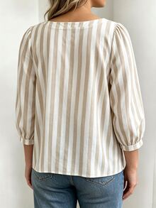 Weeklong Plus Size Blue White Stripe Square Neck Blouse, Casual Nice Half Button Puff 3/4 Sleeve Shirt Fall Party Home - Multicolor - View 2