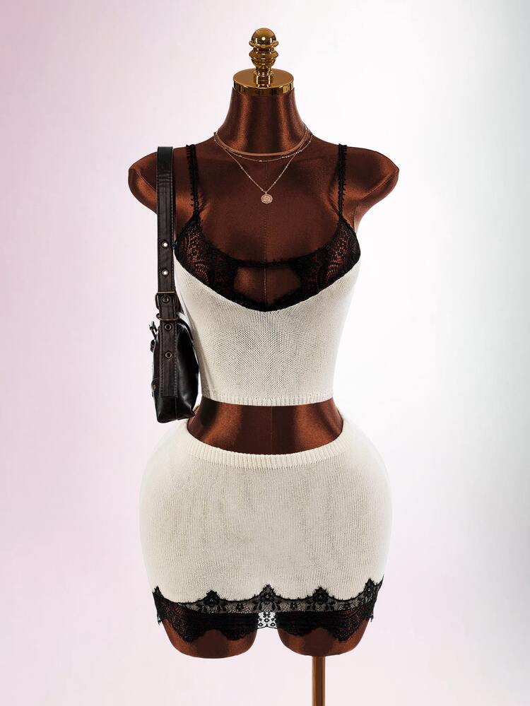 Amplova Autumn/Winter Party Home Daily Date Lace Patchwork Knit Vest Mini Skirt Knit Set - Apricot - View 2