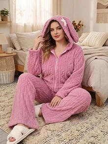SHEIN CURVE+ 大尺碼女款休閒可愛仙女兔耳毛絨連身衣 聖誕居家晚會派對 粉色夏季 - 粉色 - 查看 2