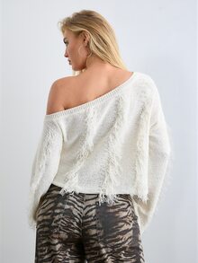 BAD SUNDAY Women's Casual Asymmetrical Shoulder Knit Top With Fringe, Long Sleeve Loose Fit, Autumn/Winter Street Gothic Cool Style - White - View 2
