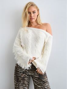 BAD SUNDAY Women's Casual Asymmetrical Shoulder Knit Top With Fringe, Long Sleeve Loose Fit, Autumn/Winter Street Gothic Cool Style - White - View 1