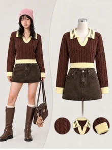 Elamini Contrast Color Polo Collar Cable Knit Women's Sweater - Multicolor - View 6