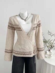 Mori Grove Mori Grove Áo khoác cardigan nữ cổ chữ V thắt nơ phía trước, họa tiết Fair Isle, áo khoác len thời trang đa năng cho mùa thu/đông - Màu be - Xem 6