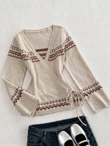 Mori Grove Mori Grove Áo khoác cardigan nữ cổ chữ V thắt nơ phía trước, họa tiết Fair Isle, áo khoác len thời trang đa năng cho mùa thu/đông - Màu be - Xem 1