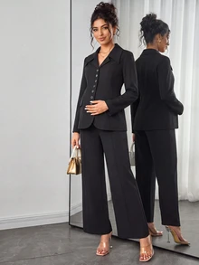 Momance Maternity Business Suit Black Blazer 2 Pieces Set - Black - View 4