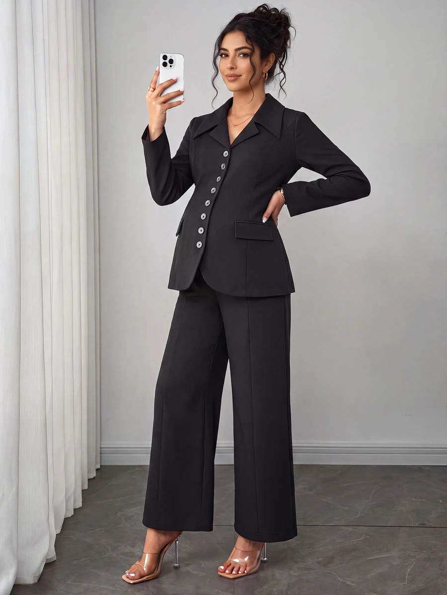 Momance Maternity Business Suit Black Blazer 2 Pieces Set - Black - View 1
