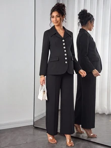 Momance Maternity Business Suit Black Blazer 2 Pieces Set - Black - View 2