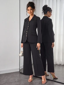 Momance Maternity Business Suit Black Blazer 2 Pieces Set - Black - View 3