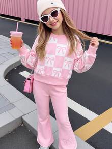 SHEIN 女童 2 件套套裝，粉色格紋蝴蝶結印花長袖衛衣與喇叭褲套裝，可愛休閒搭配，適合學校與日常外出 - 粉色 - 查看 4