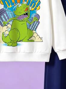 Nick 90s | SHEIN 男嬰 2 件套，Reptar 恐龍印花圓領長袖上衣 + 束口長褲，牛仔風，套頭運動衫，秋季服飾，白色海軍藍 - 藏蓝色 - 查看 5