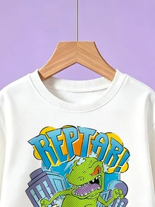 Nick 90s | SHEIN 男嬰 2 件套，Reptar 恐龍印花圓領長袖上衣 + 束口長褲，牛仔風，套頭運動衫，秋季服飾，白色海軍藍 - 藏蓝色 - 查看 6
