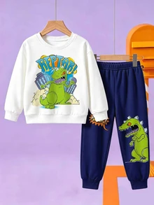 Nick 90s | SHEIN 男嬰 2 件套，Reptar 恐龍印花圓領長袖上衣 + 束口長褲，牛仔風，套頭運動衫，秋季服飾，白色海軍藍 - 藏蓝色 - 查看 4