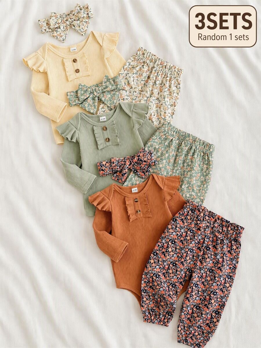 SHEIN 3pcs Baby Girls Bodysuit Pants Outfit Cute Sweet Orange Floral Ruffle Ribbed Bow Flutter Long Sleeve Birthday Party Fall Holiday Princess Elasticated - Brown - View 1