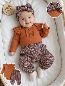 SHEIN 3pcs Baby Girls Bodysuit Pants Outfit Cute Sweet Orange Floral Ruffle Ribbed Bow Flutter Long Sleeve Birthday Party Fall Holiday Princess Elasticated - Brown - View 5