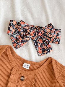 SHEIN 3pcs Baby Girls Bodysuit Pants Outfit Cute Sweet Orange Floral Ruffle Ribbed Bow Flutter Long Sleeve Birthday Party Fall Holiday Princess Elasticated - Brown - View 11