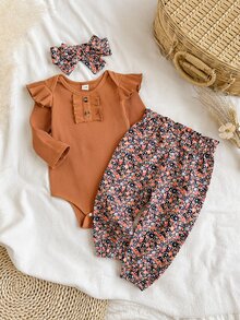 SHEIN 3pcs Baby Girls Bodysuit Pants Outfit Cute Sweet Orange Floral Ruffle Ribbed Bow Flutter Long Sleeve Birthday Party Fall Holiday Princess Elasticated - Brown - View 3
