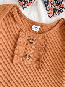 SHEIN 3pcs Baby Girls Bodysuit Pants Outfit Cute Sweet Orange Floral Ruffle Ribbed Bow Flutter Long Sleeve Birthday Party Fall Holiday Princess Elasticated - Brown - View 12