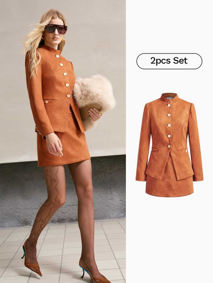 MOTF PREMIUM WOMEN'S AUTUMN/WINTER WOOL BLEND COAT AND SKIRT SET - Coffee Brown - View 1
