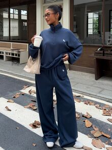 Muchica Women's Waffle Knit Royal Blue Half-Zip Sweatshirt And Pants Set - Blue - View 3