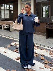Muchica Women's Waffle Knit Royal Blue Half-Zip Sweatshirt And Pants Set - Blue - View 5