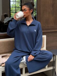 Muchica Women's Waffle Knit Royal Blue Half-Zip Sweatshirt And Pants Set - Blue - View 1