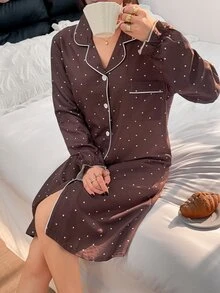 Napfluff Small Heart Shirt-Style One-Piece Nightgown, Contrast Binding Detail, Ruffle Cuff Comfortable Loungewear Long Dress - Rust Brown - View 6