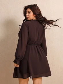 Elaquor Plus Size Women's Solid Color Ruffle Hem Casual Elegant Party Brunch Morning Dress Elegant Brown Dress For Women Fall/Winter Casual Thanksgiving Dress - Brown - View 2