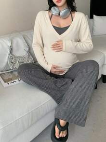 DAZY Contrast Stripe Spaghetti Strap Strap Straight Long Sleeve Loose Cover-Up Top Casual Daily Home Wear Spring Autumn 3 Pieces Set Maternity 2 Pieces Set - Grey - View 5