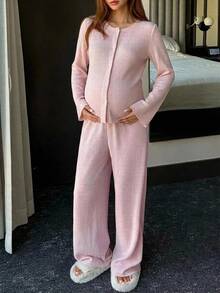 DAZY Solid Color Loose Cardigan & Straight Leg Pants Casual Daily Home Wear Spring/Autumn Maternity 2 Pieces Set - Pink - View 4