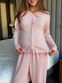 DAZY Solid Color Loose Cardigan & Straight Leg Pants Casual Daily Home Wear Spring/Autumn Maternity 2 Pieces Set - Pink - View 8