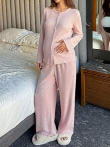 DAZY Solid Color Loose Cardigan & Straight Leg Pants Casual Daily Home Wear Spring/Autumn Maternity 2 Pieces Set - Pink - View 6