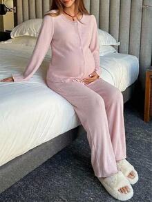 DAZY Solid Color Loose Cardigan & Straight Leg Pants Casual Daily Home Wear Spring/Autumn Maternity 2 Pieces Set - Pink - View 5
