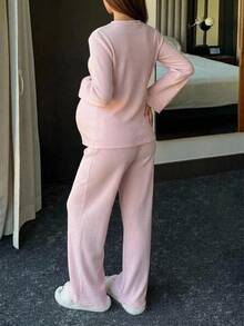 DAZY Solid Color Loose Cardigan & Straight Leg Pants Casual Daily Home Wear Spring/Autumn Maternity 2 Pieces Set - Pink - View 2