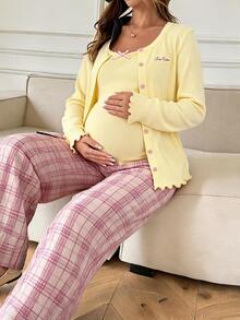 DAZY Solid Color Fitted Tank Top Loose Cardigan Straight Leg Plaid Pants Casual Home Daily Spring Autumn 3 Pieces Set Maternity 2 Pieces Set - Yellow - View 1