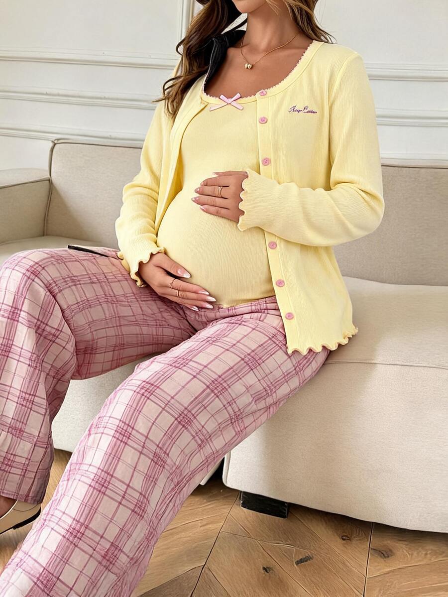 DAZY Solid Color Fitted Tank Top Loose Cardigan Straight Leg Plaid Pants Casual Home Daily Spring Autumn 3 Pieces Set Maternity 2 Pieces Set - Yellow - View 1