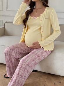 DAZY Solid Color Fitted Tank Top Loose Cardigan Straight Leg Plaid Pants Casual Home Daily Spring Autumn 3 Pieces Set Maternity 2 Pieces Set - Yellow - View 3