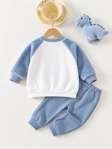 Cozy Pixies Baby Boy Blue & White Contrast Dinosaur Embroidered Pattern Crew Neck Long Sleeve Autumn Sweatshirt - Blue and White - View 2