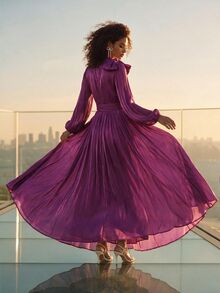 Anewsta Essential Women's Long Pleated Waist Shiny Elegant Versatile Dress, Spring/Autumn - Violet Purple - View 7