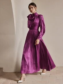 Anewsta Essential Women's Long Pleated Waist Shiny Elegant Versatile Dress, Spring/Autumn - Violet Purple - View 3