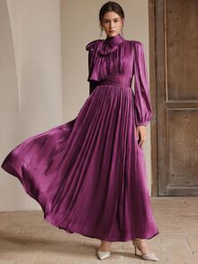 Anewsta Essential Women's Long Pleated Waist Shiny Elegant Versatile Dress, Spring/Autumn - Violet Purple - View 4