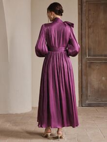 Anewsta Essential Women's Long Pleated Waist Shiny Elegant Versatile Dress, Spring/Autumn - Violet Purple - View 2