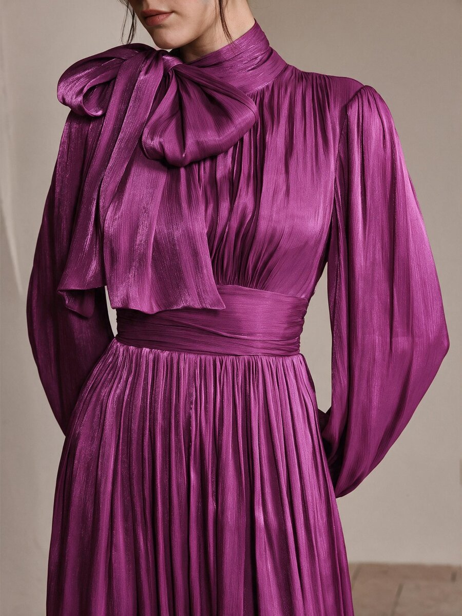 Anewsta Essential Women's Long Pleated Waist Shiny Elegant Versatile Dress, Spring/Autumn - Violet Purple - View 1
