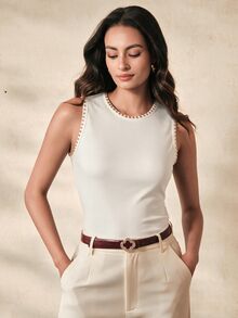 Anewsta Essential Modern New Summer Studded Decor Minimalist Fashion Round Neck Tank Top Commute Holiday Wear - White - View 6
