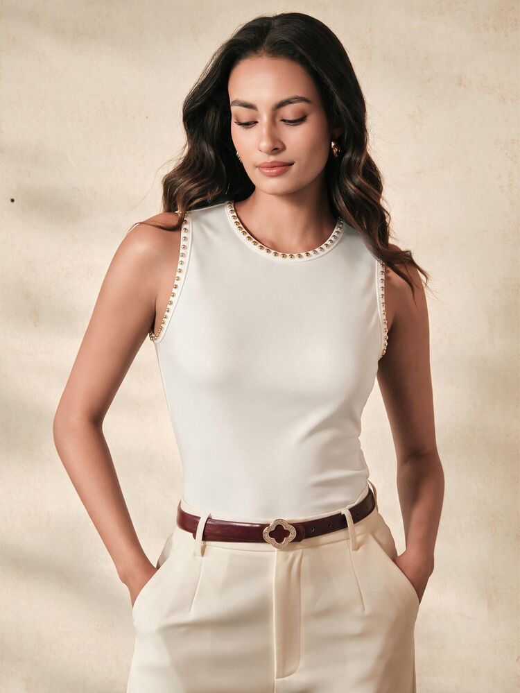 Anewsta Essential Modern New Summer Studded Decor Minimalist Fashion Round Neck Tank Top Commute Holiday Wear - White - View 6