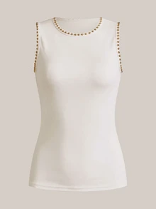 Anewsta Essential Modern New Summer Studded Decor Minimalist Fashion Round Neck Tank Top Commute Holiday Wear - White - View 10