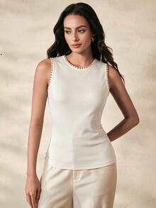 Anewsta Essential Modern New Summer Studded Decor Minimalist Fashion Round Neck Tank Top Commute Holiday Wear - White - View 8
