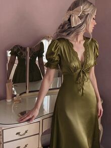 Skyraze Women's Solid Color Contrast Lace V-Neck Front Tie Fashion Midi Dress - Army Green - View 2