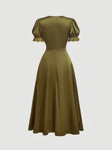 Skyraze Women's Solid Color Contrast Lace V-Neck Front Tie Fashion Midi Dress - Army Green - View 3