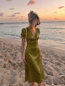 Skyraze Women's Solid Color Contrast Lace V-Neck Front Tie Fashion Midi Dress - Army Green - View 1